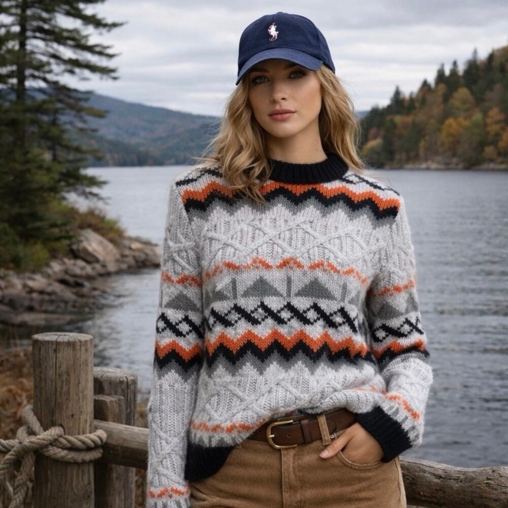 Magaschoni Fisherman Cabin Knit Sweater Crew Pullover Nordic Grandpa Gray XS NWT